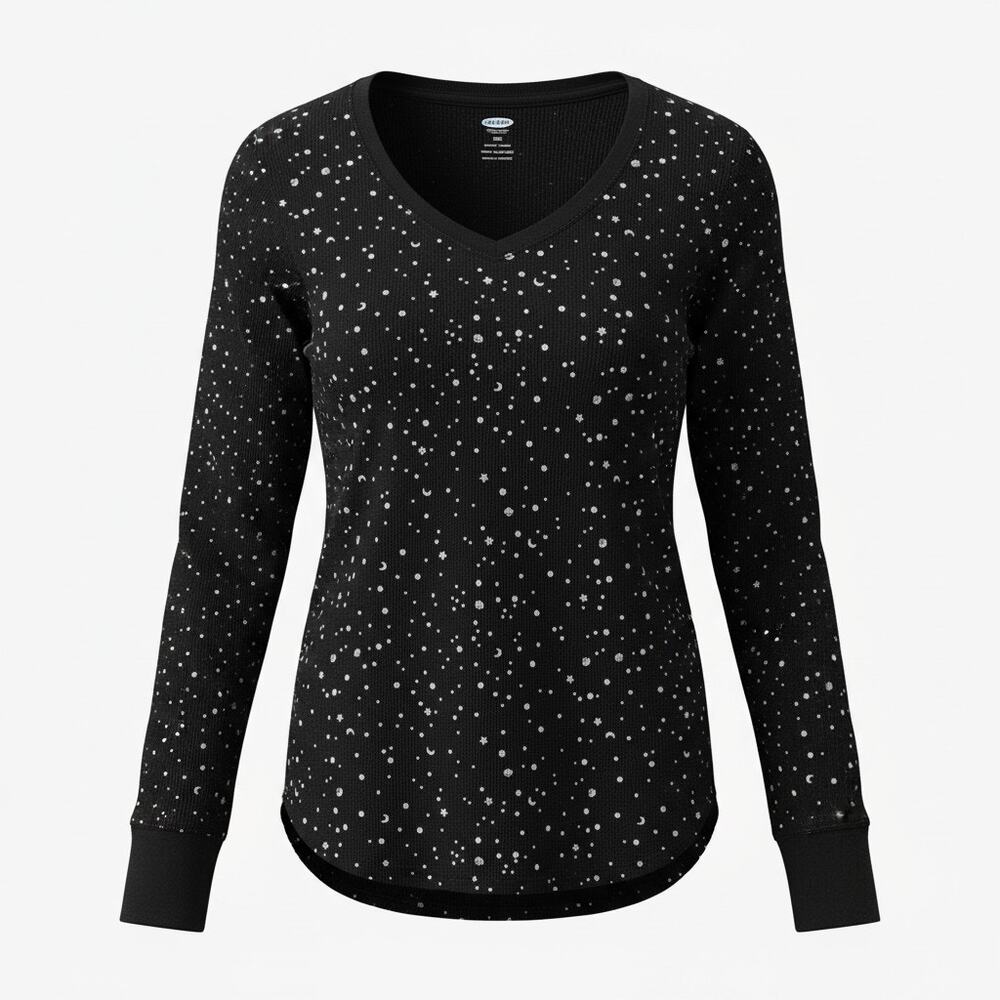 Old Navy Waffle Thermal Pajama Top Black White Star Moon Womens Small